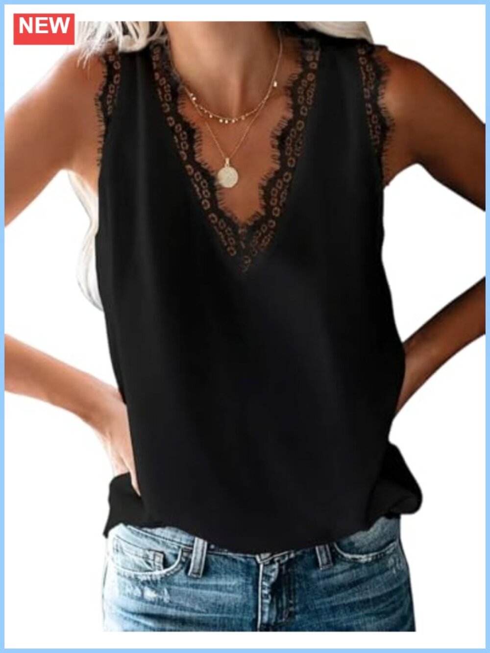 Women's Lace V-Neck Tank Top Sleeveless Loose Fit Lightweight Summer